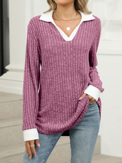 Ribbed Knit Long Sleeve T-Shirt