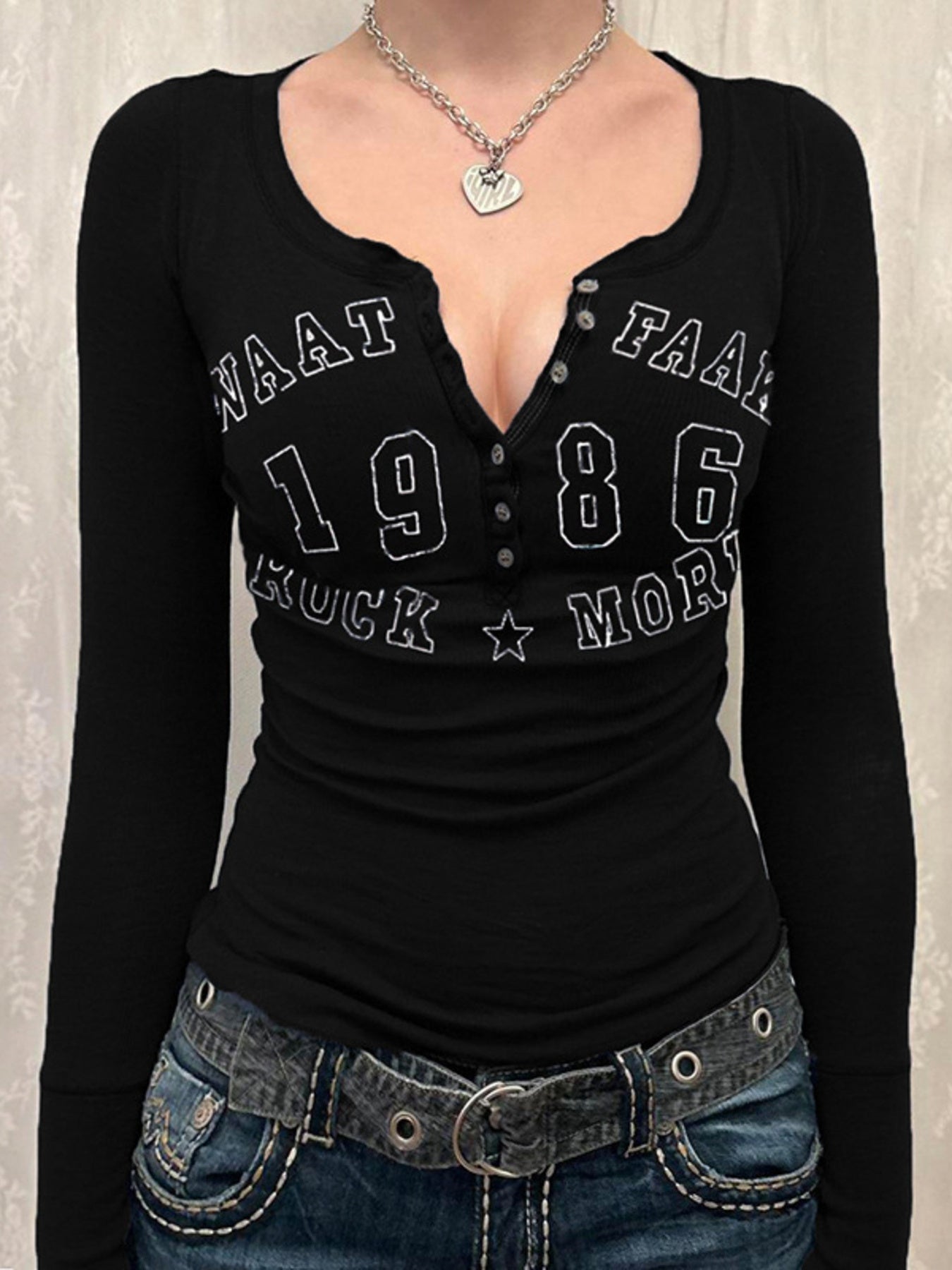 Letter Graphic Button Detail Long Sleeve T-Shirt