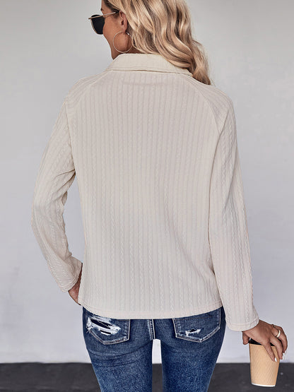 Perfee Collared Neck Buttoned Long Sleeve Top