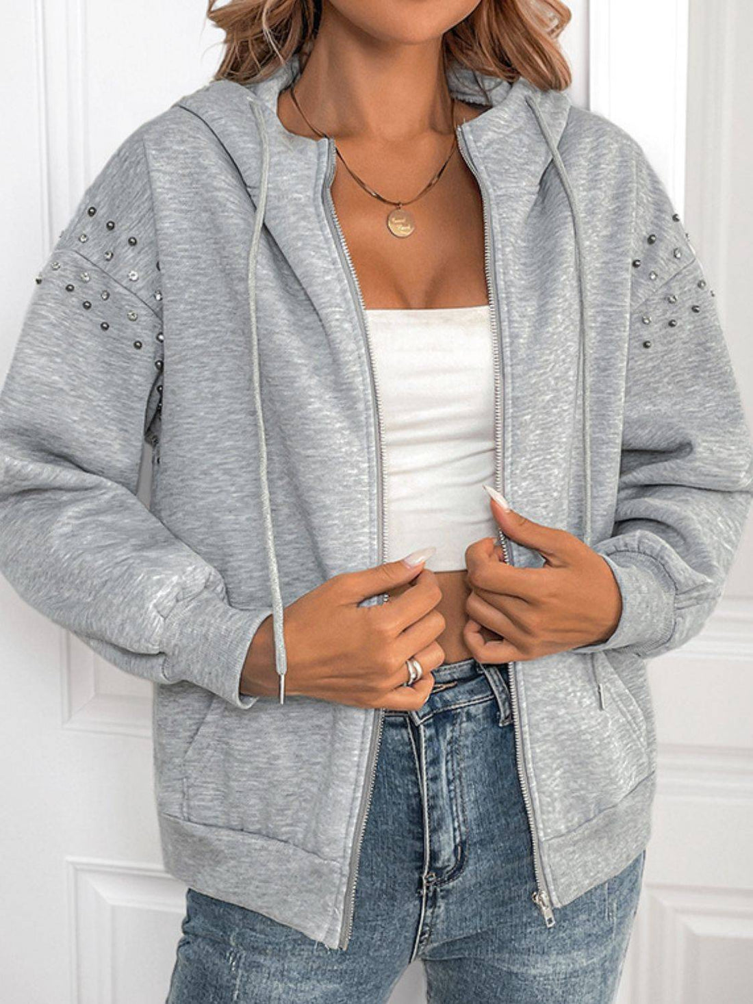 Gray rhinestone zip-up hoodie with long sleeves