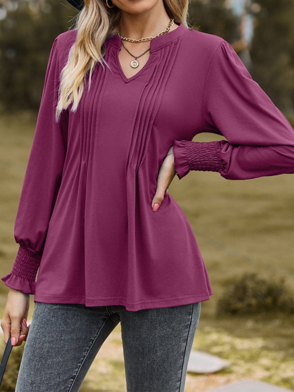 Purple ruched notched long sleeve T-shirt side view