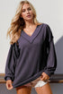 Ribbed V-neck long sleeve T-shirt with exposed seams