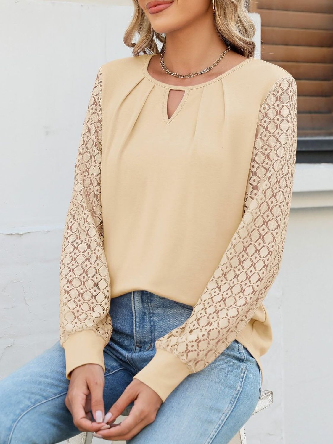 Cutout Round Neck Lace Long Sleeve Blouse