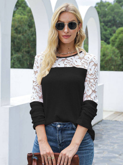 Black lace round neck long sleeve t-shirt with sunglasses