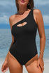 Black cutout one shoulder sleeveless swimwear on beach