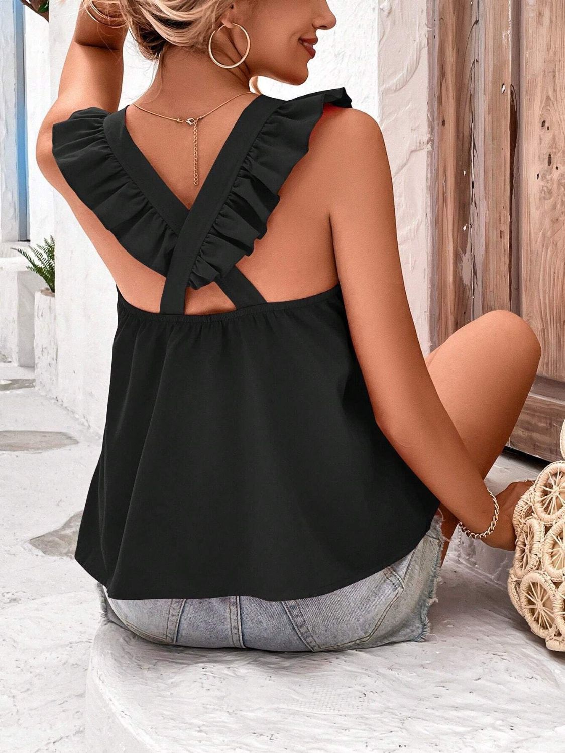 Crisscross Back Ruffled Round Neck Cap Sleeve Blouse