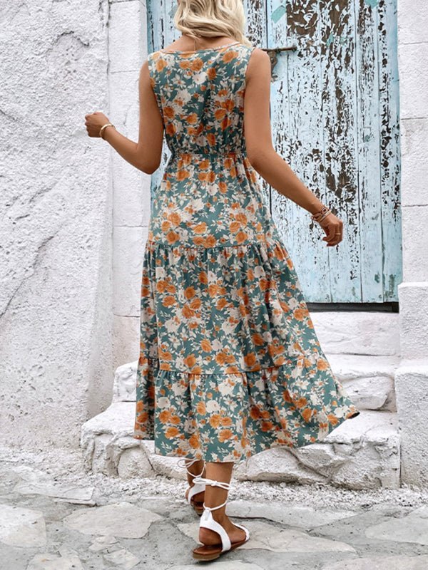 Robe décontractée à imprimé floral sans manches pour dames à la mode 