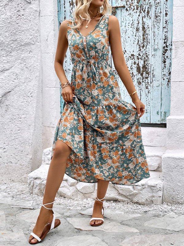 Fashion Casual Ladies Button Sleeveless Floral Print Dress