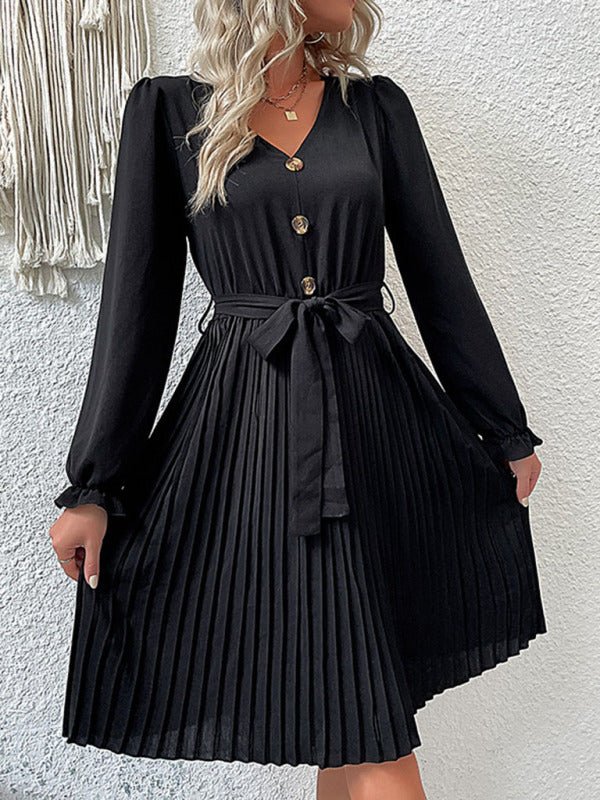 Jupe plissée à la mode pour femme, robe plissée noire à manches longues 