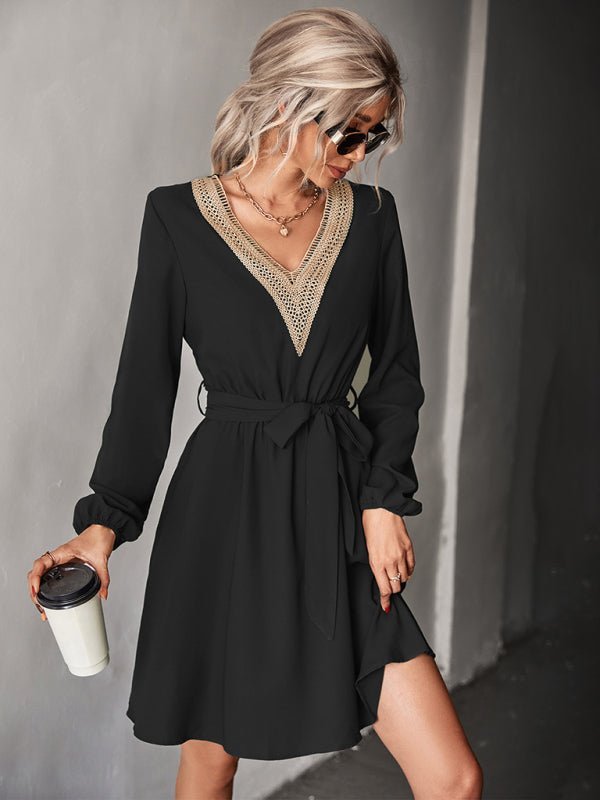 Fashion V-neck lace long-sleeved dress