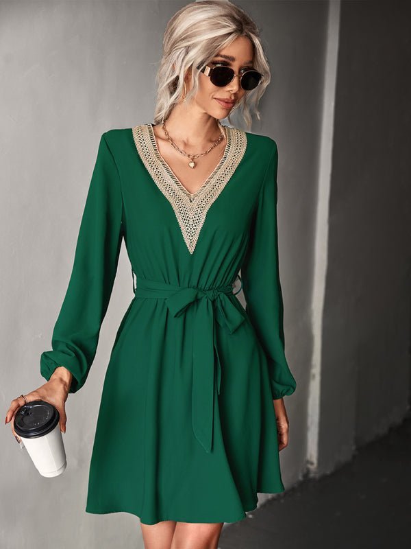 Fashion V-neck lace long-sleeved dress