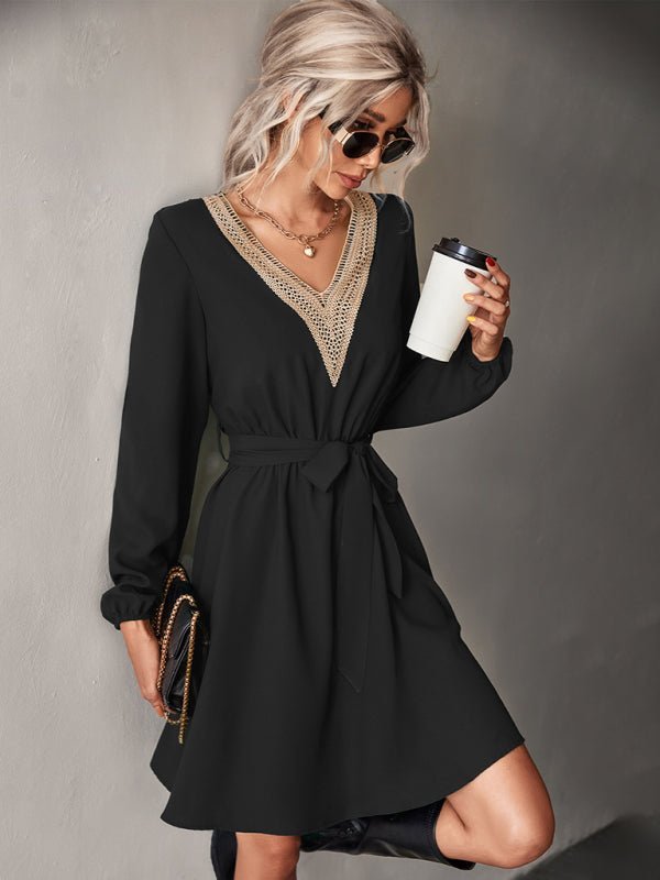 Fashion V-neck lace long-sleeved dress