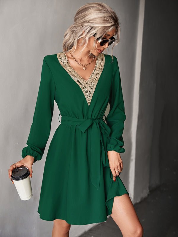 Fashion V-neck lace long-sleeved dress