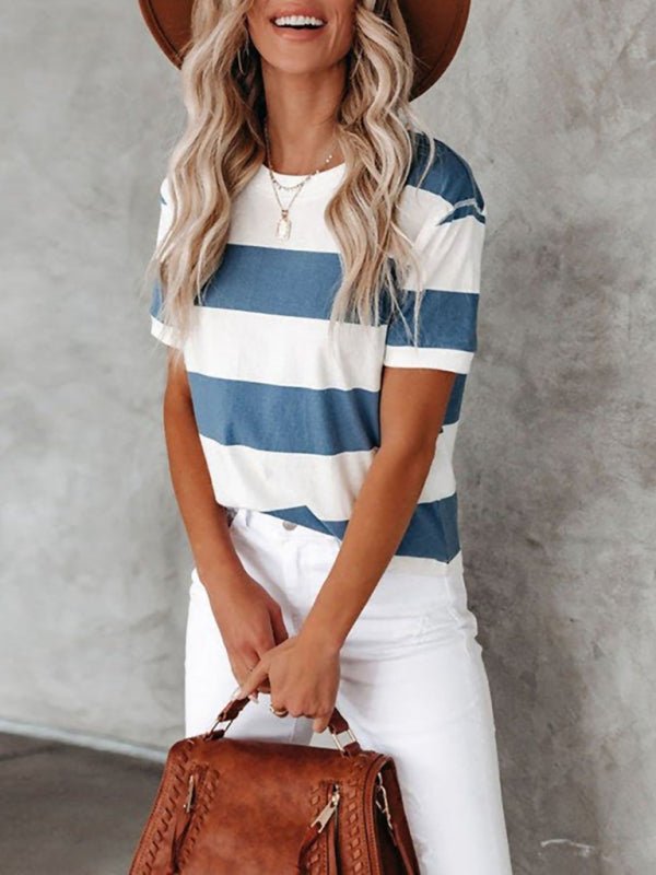 Fashionable blue and white stripe print round neck short-sleeved casual T-shirt