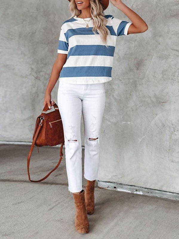 Fashionable blue and white stripe print round neck short-sleeved casual T-shirt