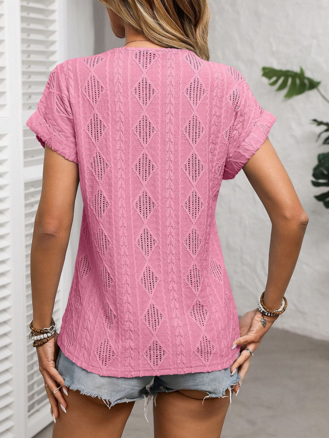 Openwork V-Neck Short Sleeve T-Shirt