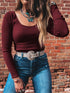Ribbed Knit Long Sleeve Fitted T-Shirt