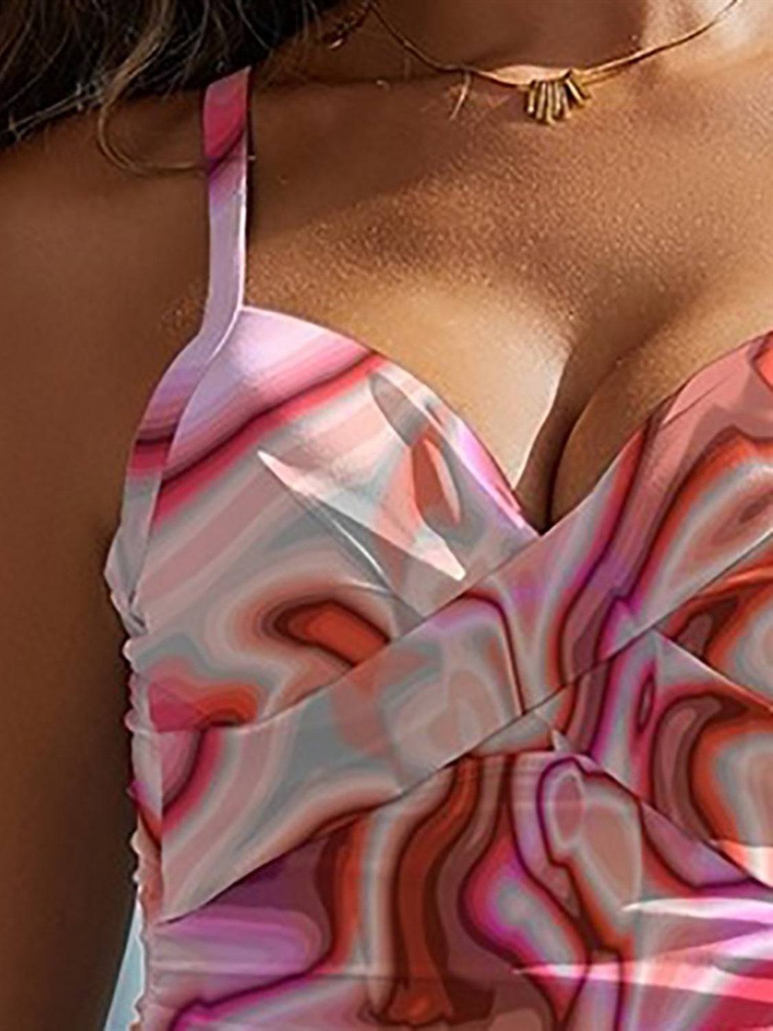 Close-up of FAM-FAM printed sweetheart neck swimwear design