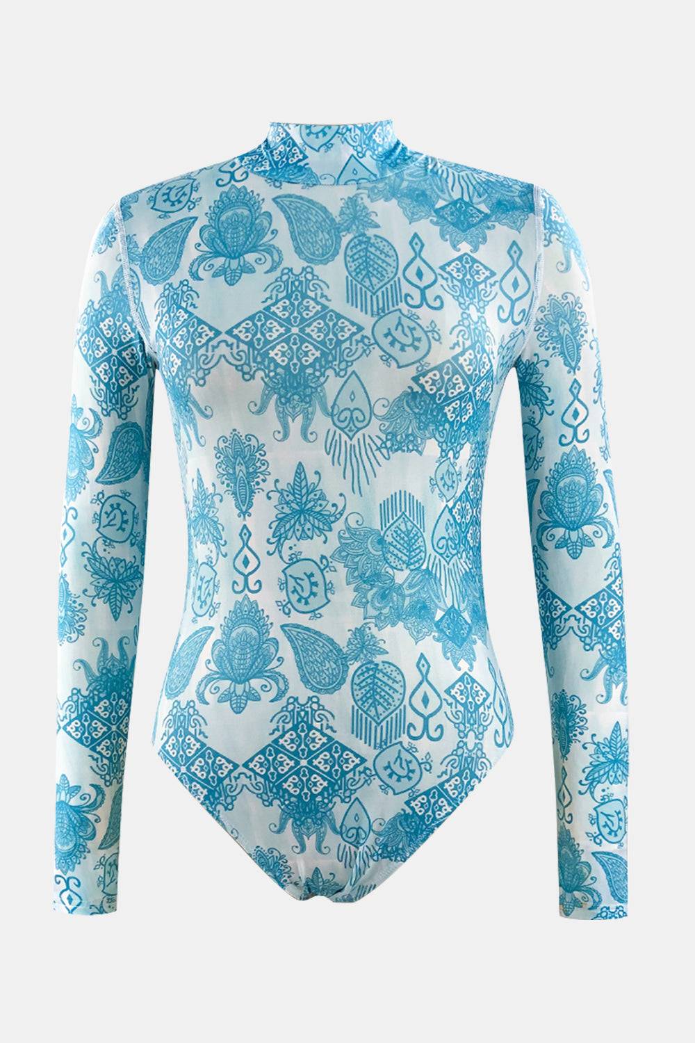 Front view of blue printed mock neck long sleeve swimwear