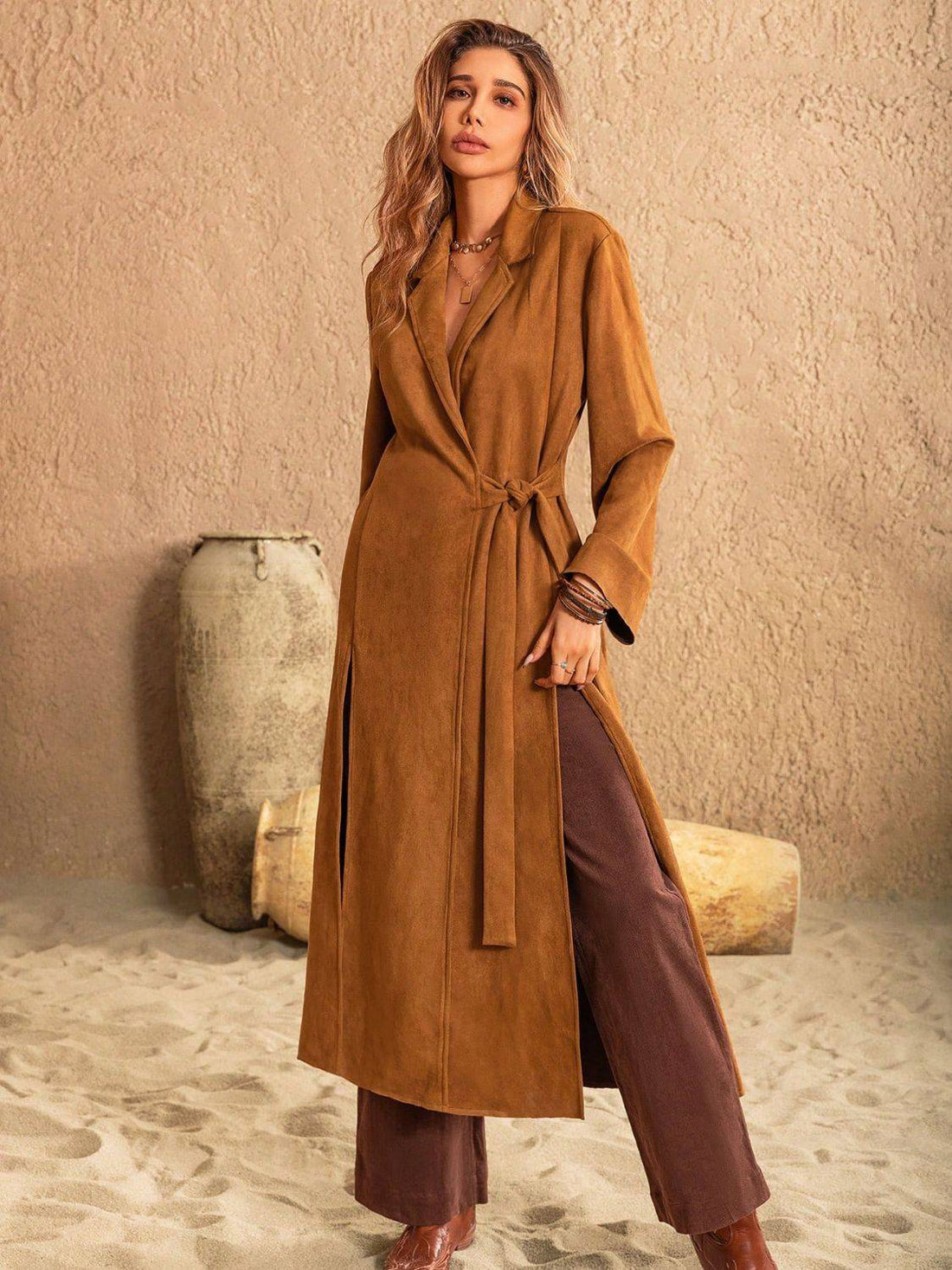 Brown slit tied collared neck longline coat front view