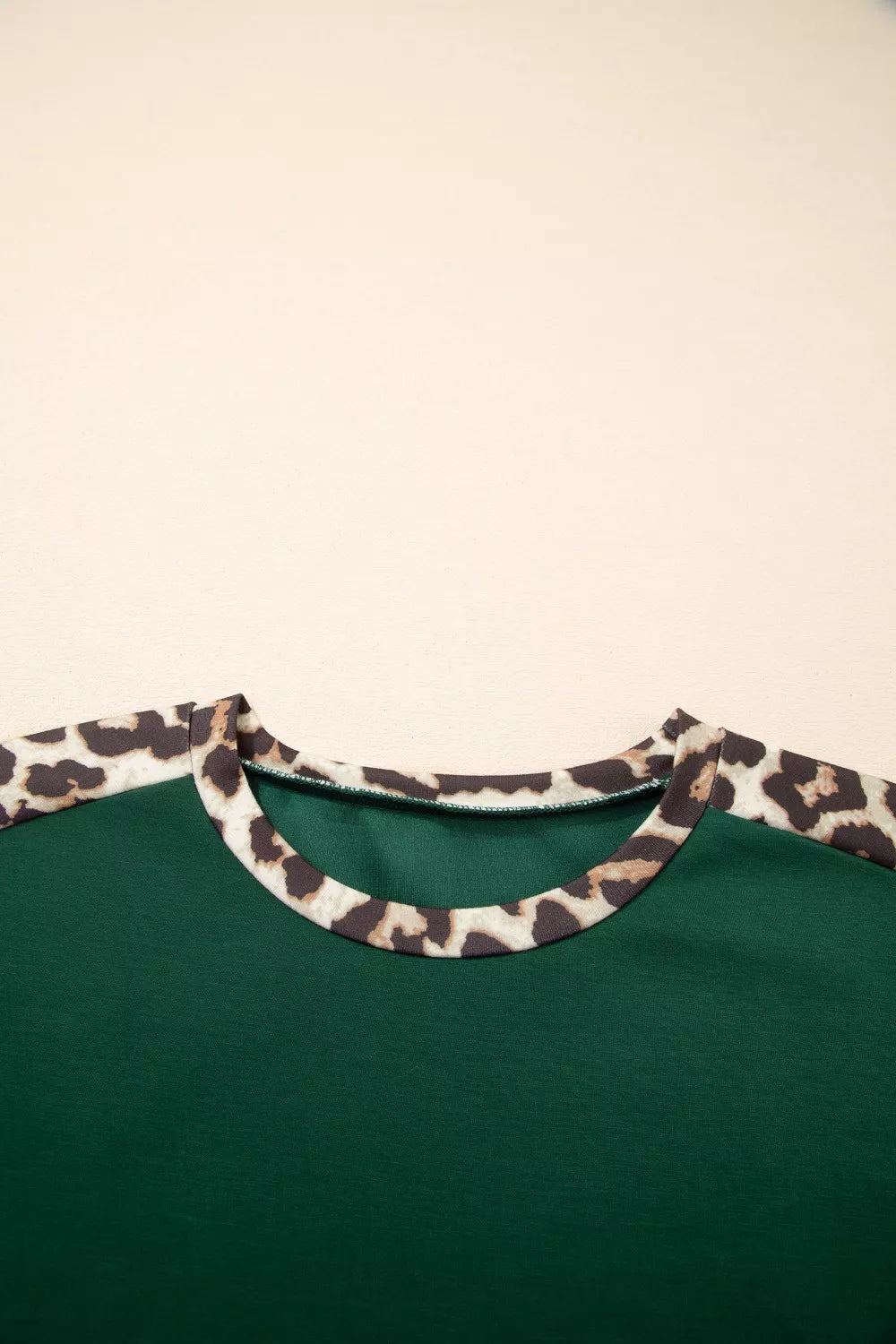 Leopard Trim Short Sleeve Relaxed Fit T-Shirt