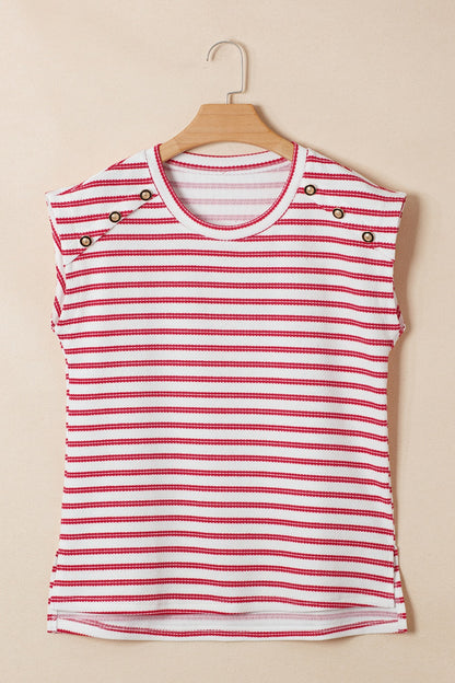 Stripe Textured Knit Button Detail Short Sleeve Casual Tee