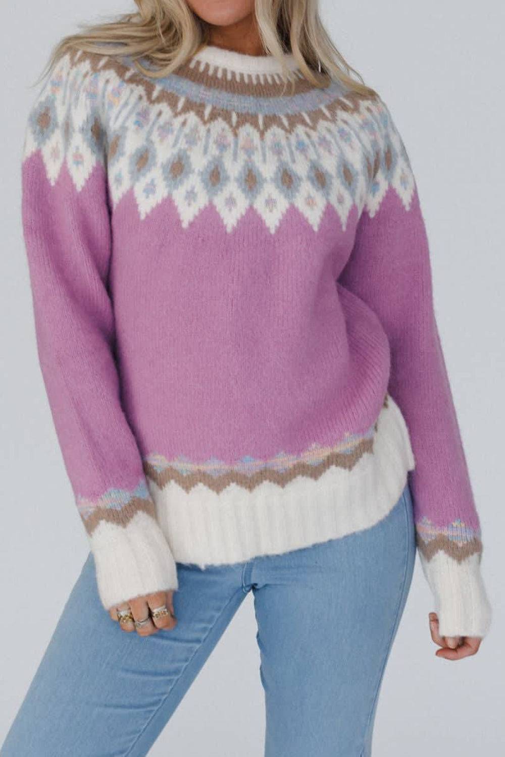 Purple geometric sweater with white and brown patterns