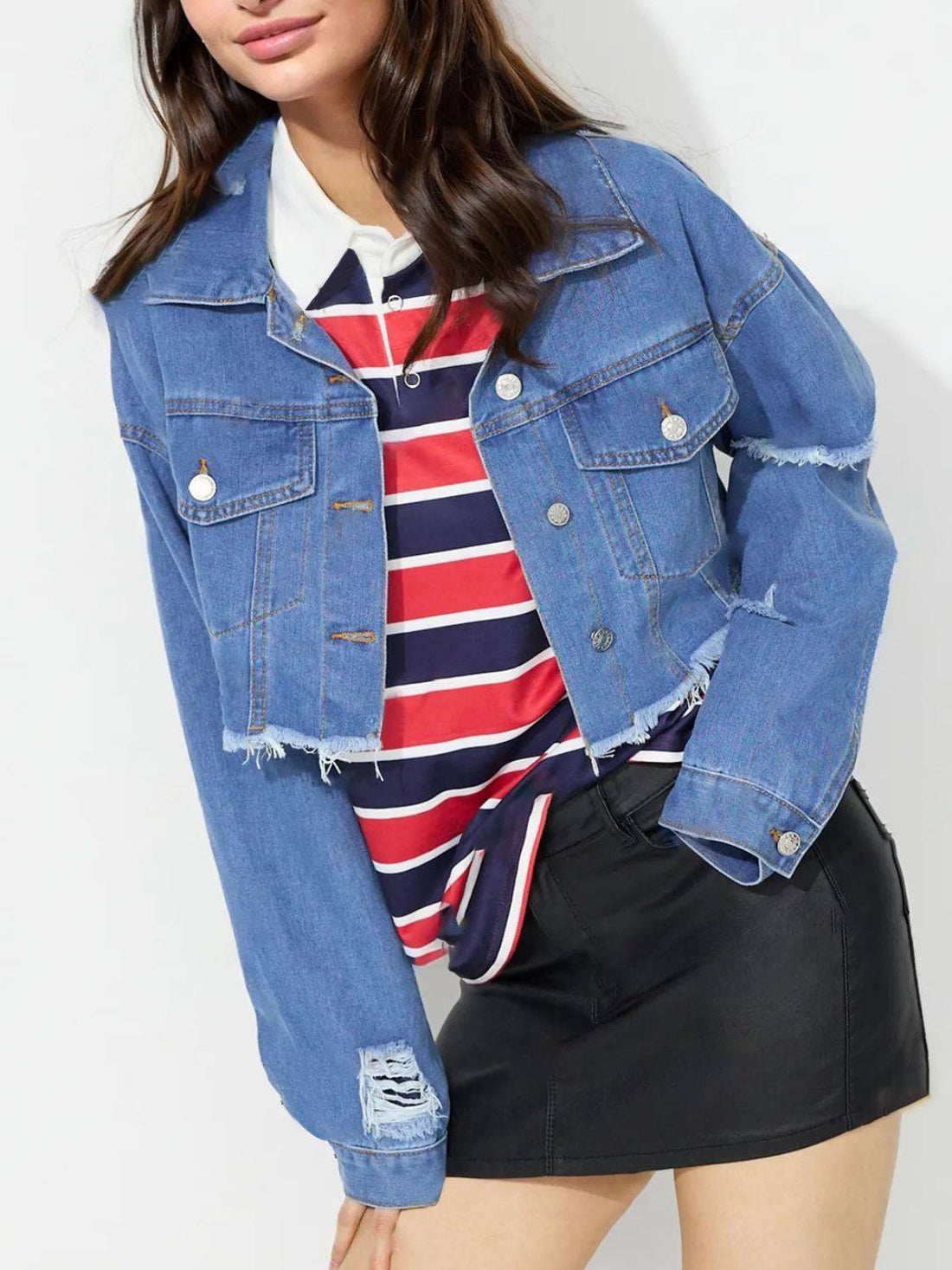 Raw hem collared denim top with striped shirt and black skirt.