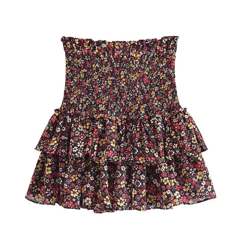 Small floral print elastic waist cake skirt