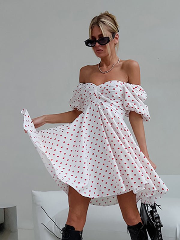 French sexy love print one-neck short-sleeved puff sleeve A-line skirt