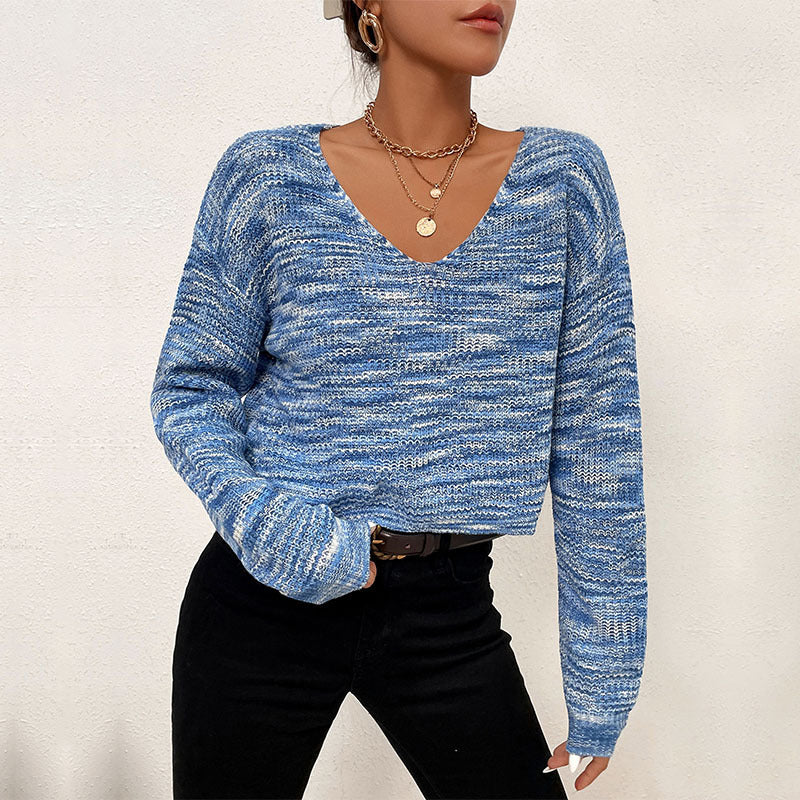 Pull court bleu à manches longues et col en V pour femmes 