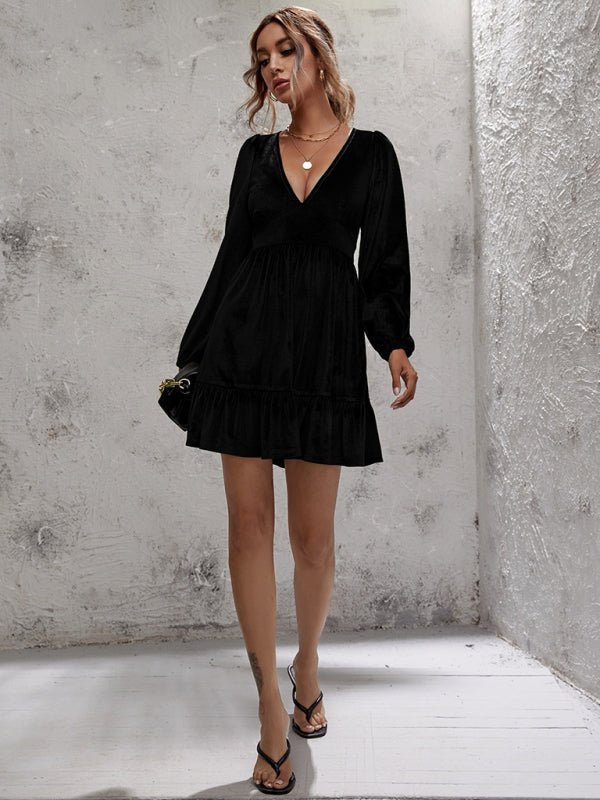 Golden velvet deep V-neck bubble sleeve velvet ruffle dress