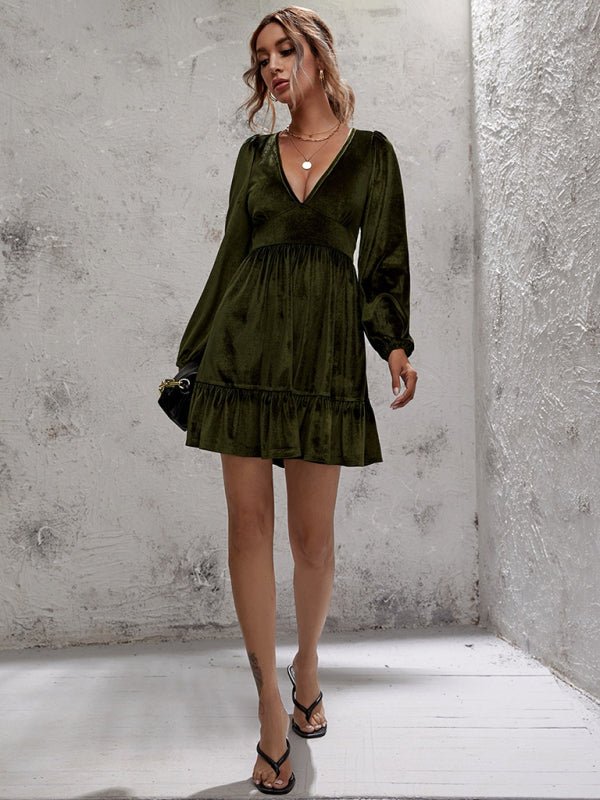 Golden velvet deep V-neck bubble sleeve velvet ruffle dress