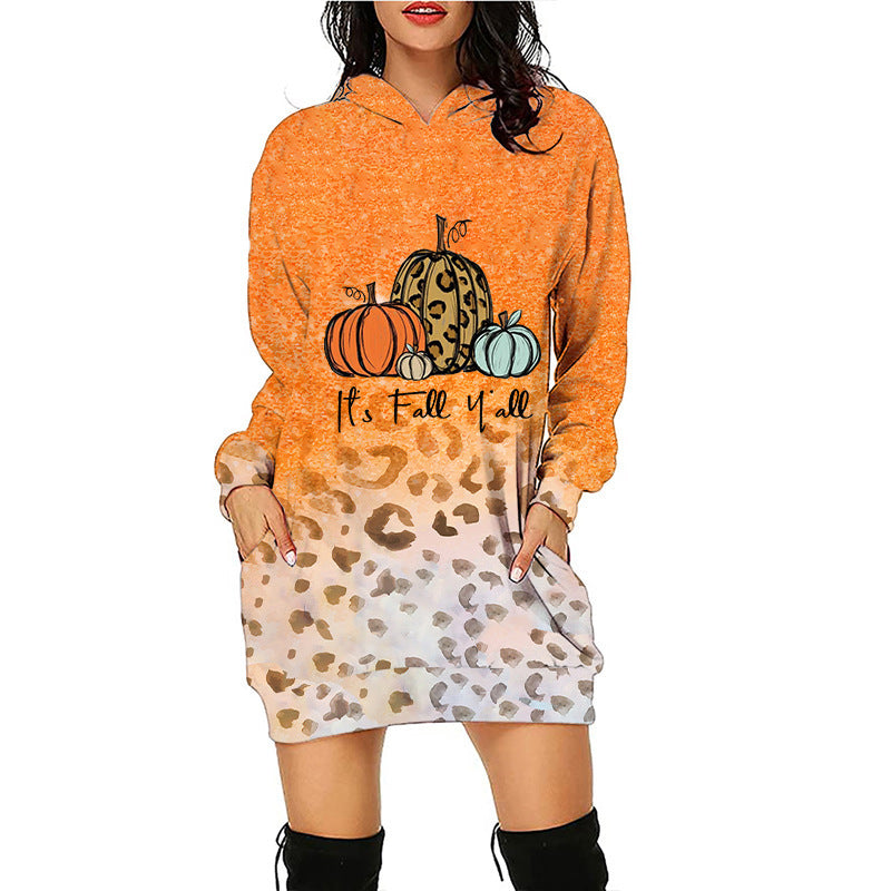 Halloween print mid-length pocket hooded long-sleeved sweatshirt