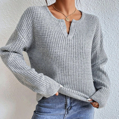 Pull ample à col en v pour femme, pull à manches longues 