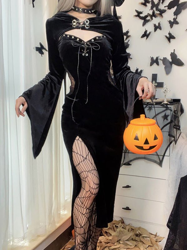 Halloween Neues Spinnennetzkleid mit Kapuze und ausgestellten Ärmeln 