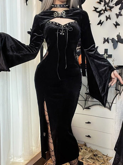 Halloween Neues Spinnennetzkleid mit Kapuze und ausgestellten Ärmeln 