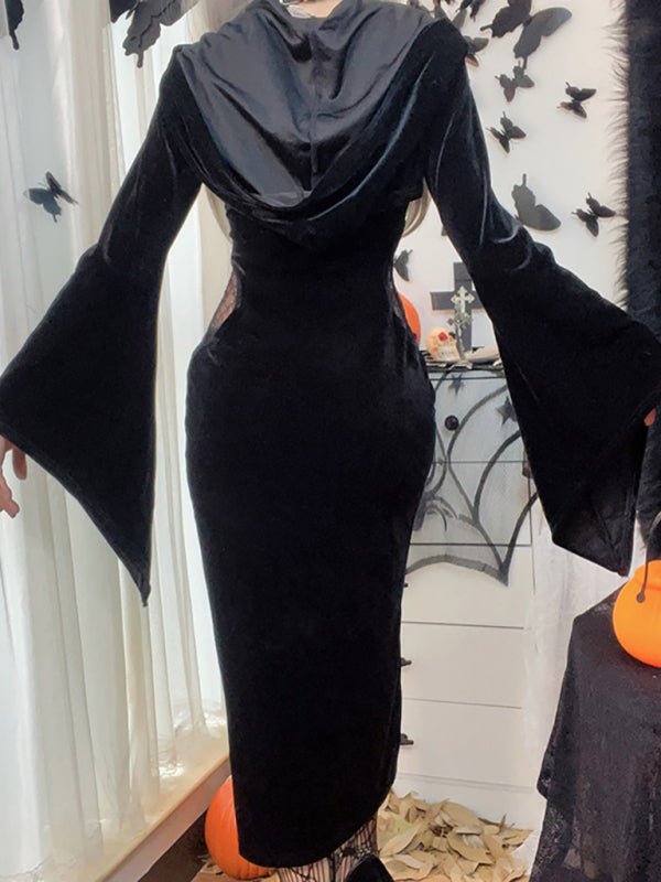 Halloween Neues Spinnennetzkleid mit Kapuze und ausgestellten Ärmeln 