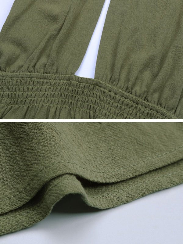 High Waist Cotton Linen Skirt Pleated Hollow Green Sling Halter Dress