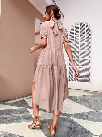 High Waist Solid Color Irregular Loose Pleated Dress