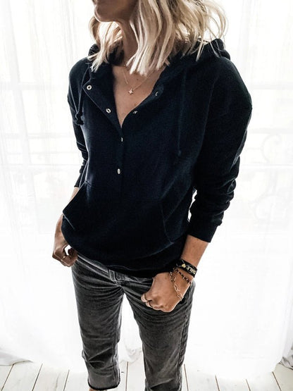 Hooded Pullover Drawstring Button Pocket Oversized Sweatshirt