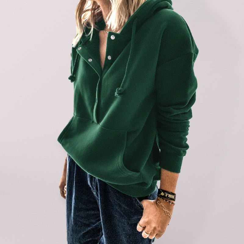 Hooded Pullover Drawstring Button Pocket Oversized Sweatshirt