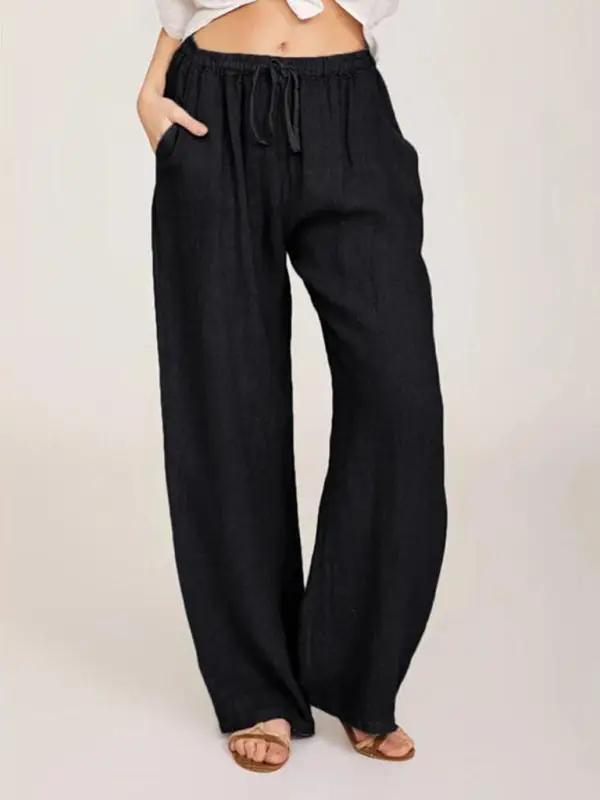 Black casual cotton drawstring pajama pants with pockets