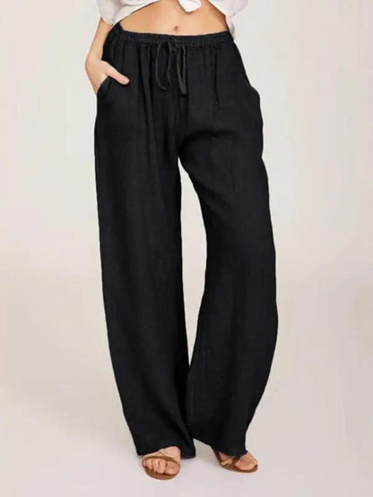 Black casual cotton drawstring pajama pants with pockets