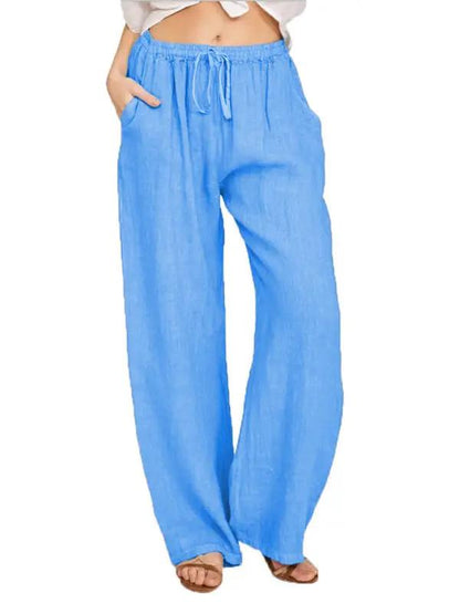 Blue cotton loose pajama pants with drawstring and pockets