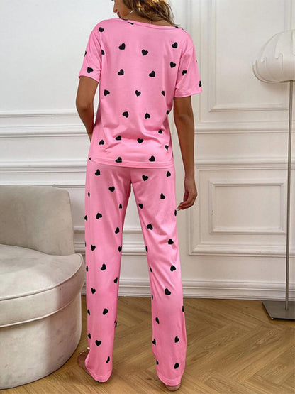 Ensemble pyjama doux pour femmes avec imprimé cœur sur toute la surface 