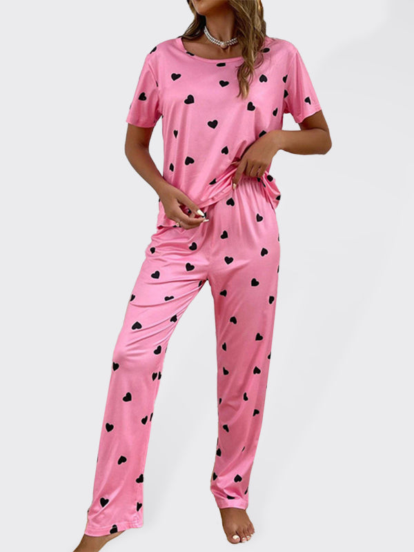 Lässiges kurzärmliges Pyjama-Set mit Herz-Print für Damen 