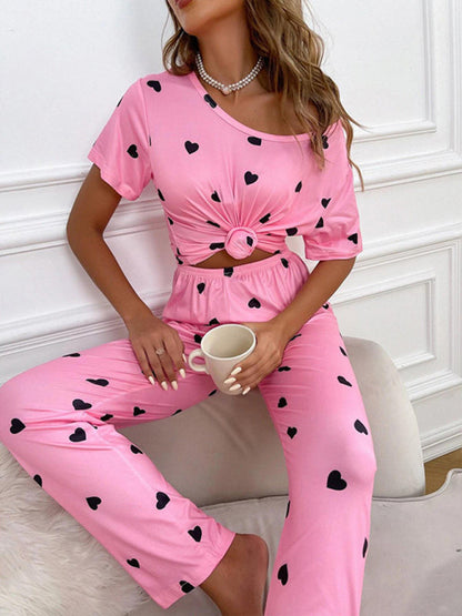 Ensemble pyjama doux pour femmes avec imprimé cœur sur toute la surface 