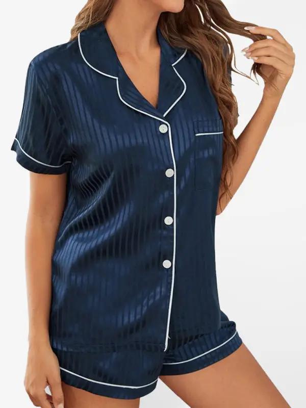 Navy striped cropped shirt and shorts pajama set