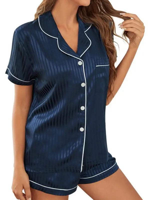 Navy striped cropped shirt and shorts pajama set